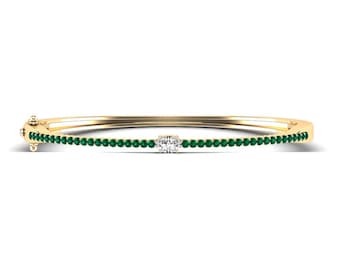 0.86tcw Oval Diamond & Emerald Bangle Bracelet in 14K Yellow Gold- 5.5 Inch Wrist,diamond emerald bangle, emerald bracelet diamond bracelet