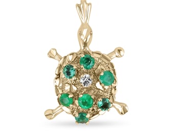 0.64tcw 14K Natural Colombian Emerald & Diamond Accent Sea Turtle Pendant Necklace, 585 Gold Medium Green Round Cut Emerald Turtle Necklace