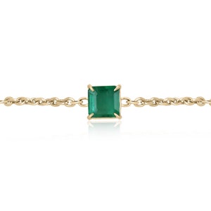 1.70ct 14K Dark Rich Green Asscher Cut Emerald Bracelet in Gold, Solitaire Four Prong Diamond Cut Chain Emerald Bracelet, 14K Emerald Gift