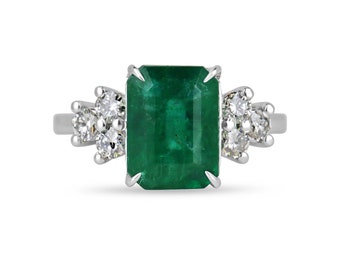 4.51tcw 14K Natural Emerald Cut Emerald & Brilliant Round Diamond 7 Stone Engagement Ring Dark Lush Green Emerald, Prong Set Right Hand Ring