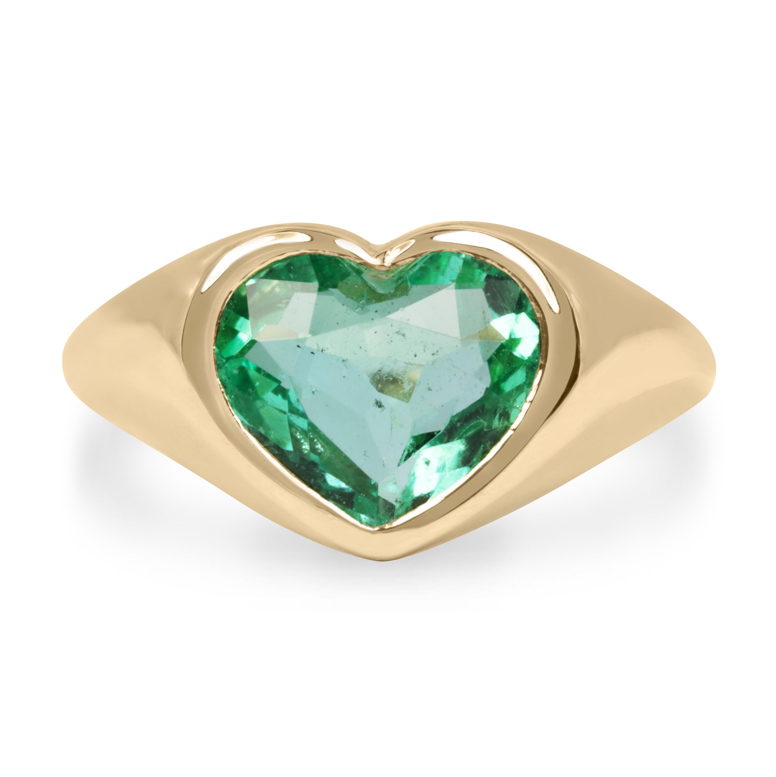 2.19ct 18K Rich Vivid Heart Cut Colombian Emerald Bezel Solitaire Ring, Solitaire Gold Heart Emerald Signet Pinky Ring Unisex Heart Ring 585