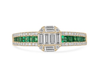 1.30tcw 14K Asscher Shaped Baguette Cut Diamond Cluster, Brilliant Round Diamond & Princess Cut Vivid Green Emerald Shank Right Hand Ring