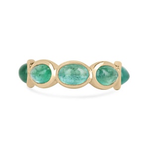 3.60tcw 14K Natural Oval Cabochon Cut Emerald Eternity Band Ring, East to West Set Lush Medium Green Emerald Oval Cabochon Gold Band Ring