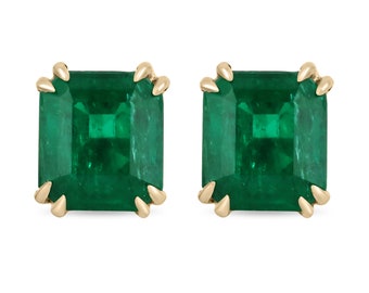 AAA+ Grade 6.31tcw 18K Colombian Emerald-Emerald Cut Double Claw Prong Stud Earrings, Fine Quality Dark Vivid Green Natural Emerald Studs