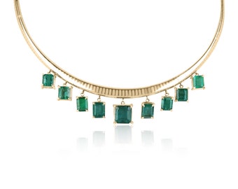 21.55tcw 14K Multi-Emerald Statement Necklace, Dark Emerald Green Emerald Omega Chain Necklace, Gold Omega Chain Emerald Green Necklace