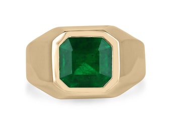 3.60ct 18K Deep Rich Green Colombian Emerald Asscher Cut Solitaire Ring, Fine Quality Emerald Bezel Set in Gold, Unisex Chunky Men's Ring