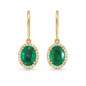 2.90tcw 14K naturlig oval smaragd & diamant biskop krok örhängen, örhängen med tråd och ovala smaragdörhängen i guld, maj-årsdagspresent