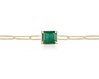 2.68ct 14K Natural Emerald Cut Emerald Solitaire Paperclip Bracelet, Lush Dark Green 4 Claw Prong Emerald Set East to West, 2.6mm Paperclip