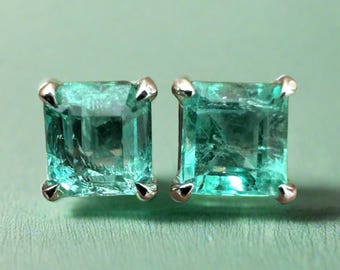 1.0tcw Emerald Earrings, Real Rich Green Emerald Stud Earrings,Emerald Cut Emerald 14K Studs,May Birthstone,Natural Emerald Cut Studs