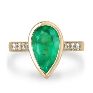 3.36tcw 18K Bezel Colombian Emerald Pear Cut & Diamond Accent Engagement Ring, Pear Emerald+Diamond Accented Band 18K