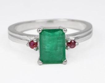 1.30tcw Three Stone Emerald & Red Sapphire Ring, Emerald Engagement Ring, Emerald Cut Emerald Gold Ring, Emerald Gold Ring, Emerald