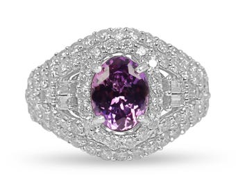 Anillo ovalado de zafiro rosa de 3,05 quilates con diamantes, anillo de zafiro rosa natural con halo de diamantes en oro blanco de 14 quilates, anillo de zafiro rosa con halo de diamantes