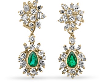 8.0tcw AAA+ Statement Colombian Emerald & Diamond Cluster Dangle Earrings 18K, Cocktail Emerald Earrings 18K