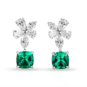5.45tcw 14K Cushion Cut Emerald & Diamond Floral Accent Dangle Earrings, AAA+ Lab Created Emerald Earrings, Pear Cut Diamond Floral Dangles