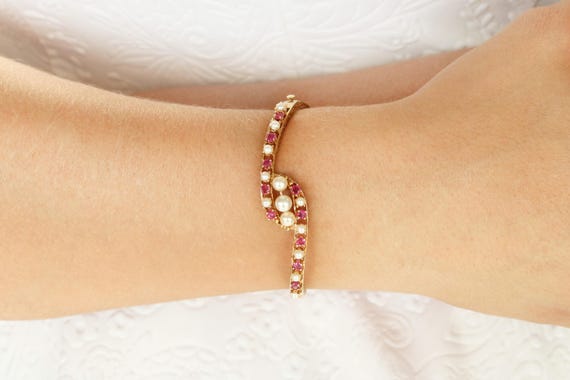2.25cts Ruby Pearl Bangle Bracelet 14k, Ruby Bang… - image 3