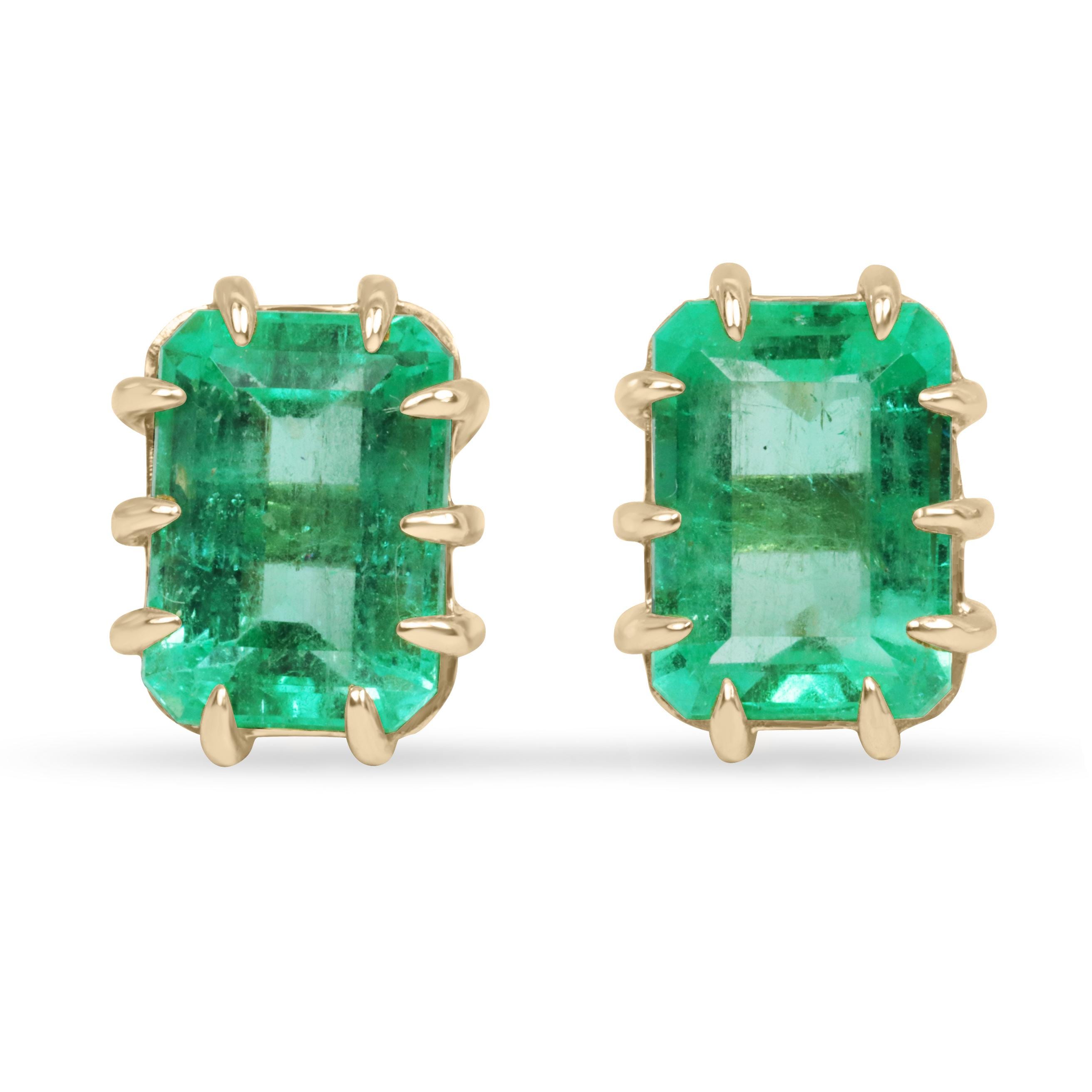 6.24tcw Colombian Emerald Multi Prong 18K Statement Studs, 18K Emerald Stud Earrings, Yellow Gold Emerald Statement Earrings