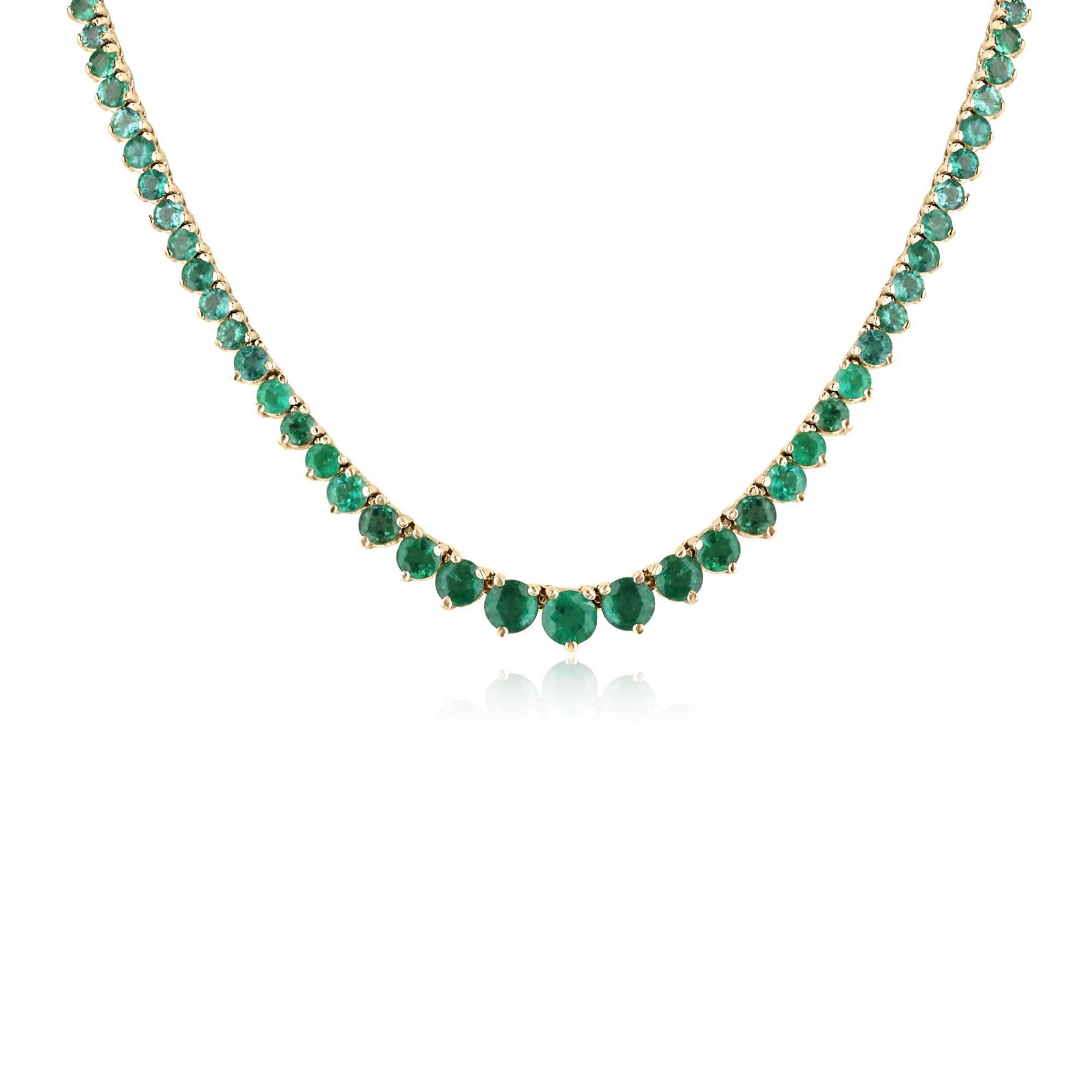 22.25tcw 14K Natural Round Cut Emerald Tennis Necklace, Graduating Vivid Medium Dark Green Round Emerald Chain, 585 Gold Emerald 3 Prong Set