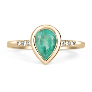 1.06tcw Colombian Emerald & Diamond Bezel Set Ring 14k, Bezel Pear Emerald Diamond Accents Gold Ring, Emerald Diamond Engagement Ring