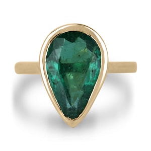 5.05ct 18K Large Natural Pear Cut Emerald Solitaire Gold Ring, Dark Forest Green Pear Emerald Right Hand Ring in 18K, Bezel Rim Encasing