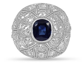 4.60tcw Vintage Sapphire & Diamond Ring 1920's, Sapphire Diamond Cocktail Ring,Septembers Birthstone,Great Gatsby Sapphire,OEC Sapphire Ring
