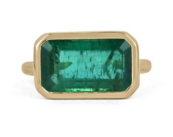 Big Deep Dark Green 5.48cts Bezel Natural Emerald East to West Solitaire 18K Ring, East to West Emerald Ring, Emerald Cut Emerald Gold Ring