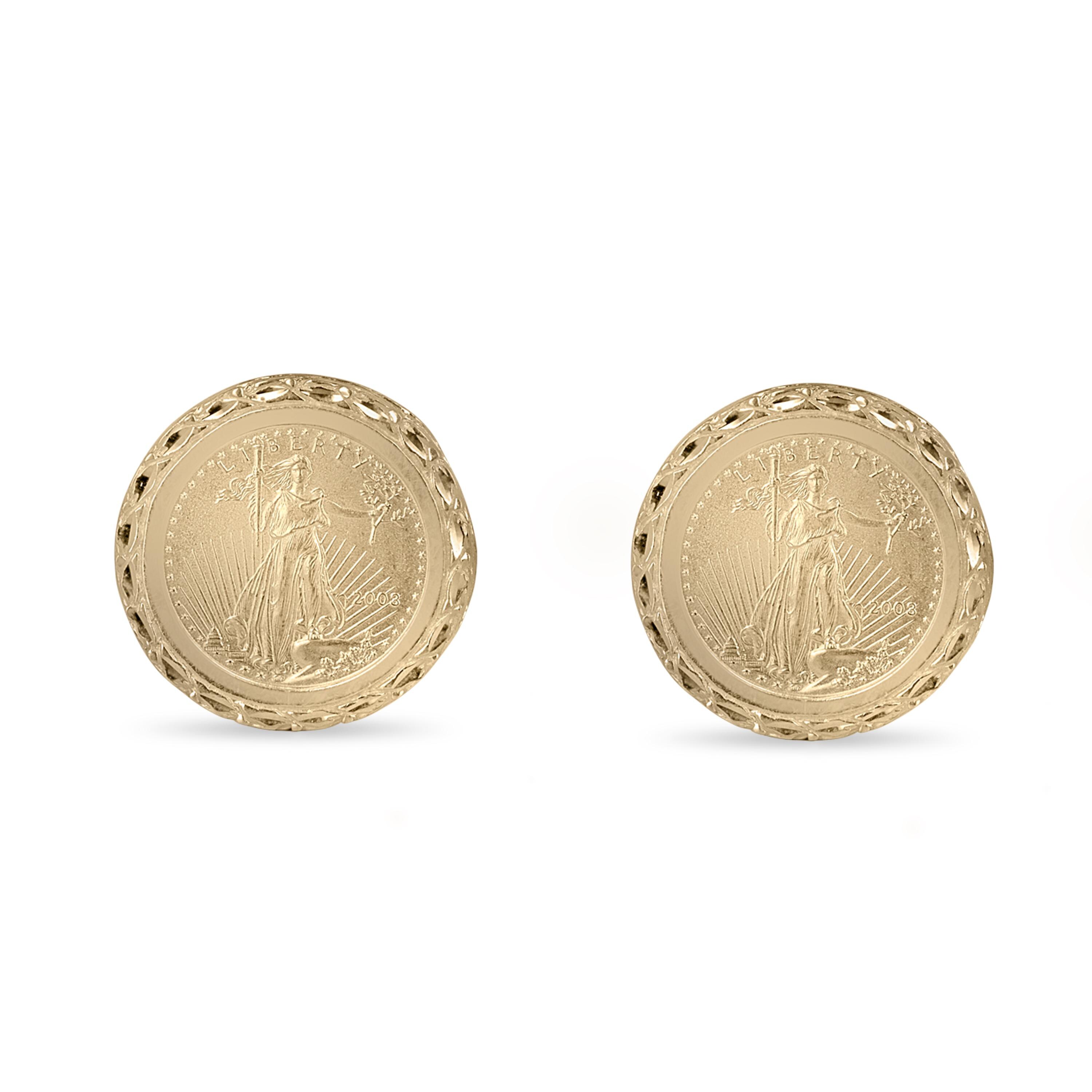 14K Gorgeous Vintage Gold Coin Stud Omega Back Earrings, Lady Liberty 2003 Gold Coin Earrings, Vintage 2000s Coin Stud Omega Back Earrings