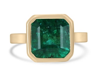 6.08ct 18K Large Asscher Cut Emerald Solitaire Ring, Dark Forest Green Emerald Bezel Set Engagement Ring in 750 Gold, Chunky Emerald Ring