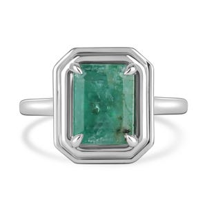 2.75ct SS Natural Emerald Solitaire Ladies Ring, Heavily Included Emerald Cut Emerald Ring, Light Medium Green Emerald Ring in 925 Silver