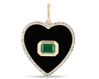 0.90tcw 14K Natural Bezel Set Emerald Cut Emerald East to West in Onyx Black Heart w/ Natural Brilliant Round Cut Diamond Heart Halo Pendant