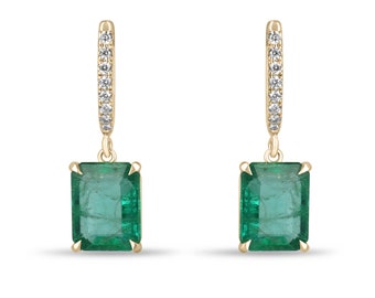 4.40tcw 14K Natural Emerald Cut Emerald & Diamond Accent Knife Edge Huggie Dangle Earrings, 585 Gold Lush Green Emerald Dangle Pave Diamonds