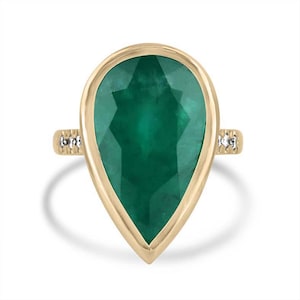 10.30tcw 18K Massive Dark Green Pear Cut Emerald & Diamond Accent Ring, Natural Rich Green Pear Engagement Ring Bezel Set Emerald 750 Gold