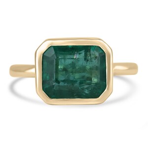 3.26ct 14K Emerald Cut Emerald Solitaire East to West Ring, Lush Green Emerald Ring, Gold Bezel Set Emerald Engagement Ring in 585 Gold