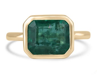 3.26ct 14K Emerald Cut Emerald Solitaire East to West Ring, Lush Green Emerald Ring, Gold Bezel Set Emerald Engagement Ring in 585 Gold