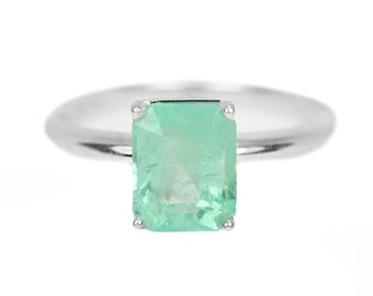 1.65cts Emerald Solitaire Silver Engagement Ring, Emerald Engagement Ring, Emerald Cut Emerald Silver Ring, Emerald Silver Ring