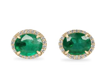 5.15tcw Oval Cut Natural Emerald & Diamond Halo Studs 14K,Natural Emerald Earrings,Emerald Halo Earrings,Emerald Studs