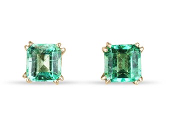 1.73tcw 14K High-Quality Colombian Emerald Asscher Cut Studs, Double Claw Prong Emerald Earrings, Vivid Electric Green Emerald Studs 585