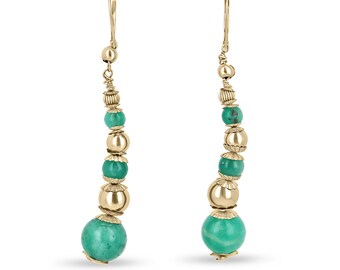 28.16tcw 14K Colombian Emerald Bead Dangle Earrings, Cabochon Emerald Bead Earrings, Statement Emerald Bead Necklace 14K Gold Plate + Silver