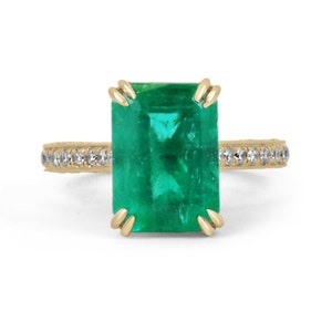AAA Quality Minor Oil 5.97tcw 18K Colombian Emerald & Pave Diamond Accents Engagement Ring, Emerald and VS Round Diamond Gold Ring gift