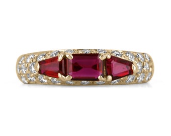 1.80tcw 18K Fine Quality Ruby & Diamond Accent Statement Pinky Ring, Stacking Blood Red Baguette Ruby Ring, Diamond Cluster Gold Ring in 750