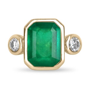 4.16tcw Three Stone Emerald & Diamond Ring, 18K Bezel Emerald Diamond Ring, Emerald Diamond Bezel Ring, Emerald Ring, Emerald 3 Stone Ring