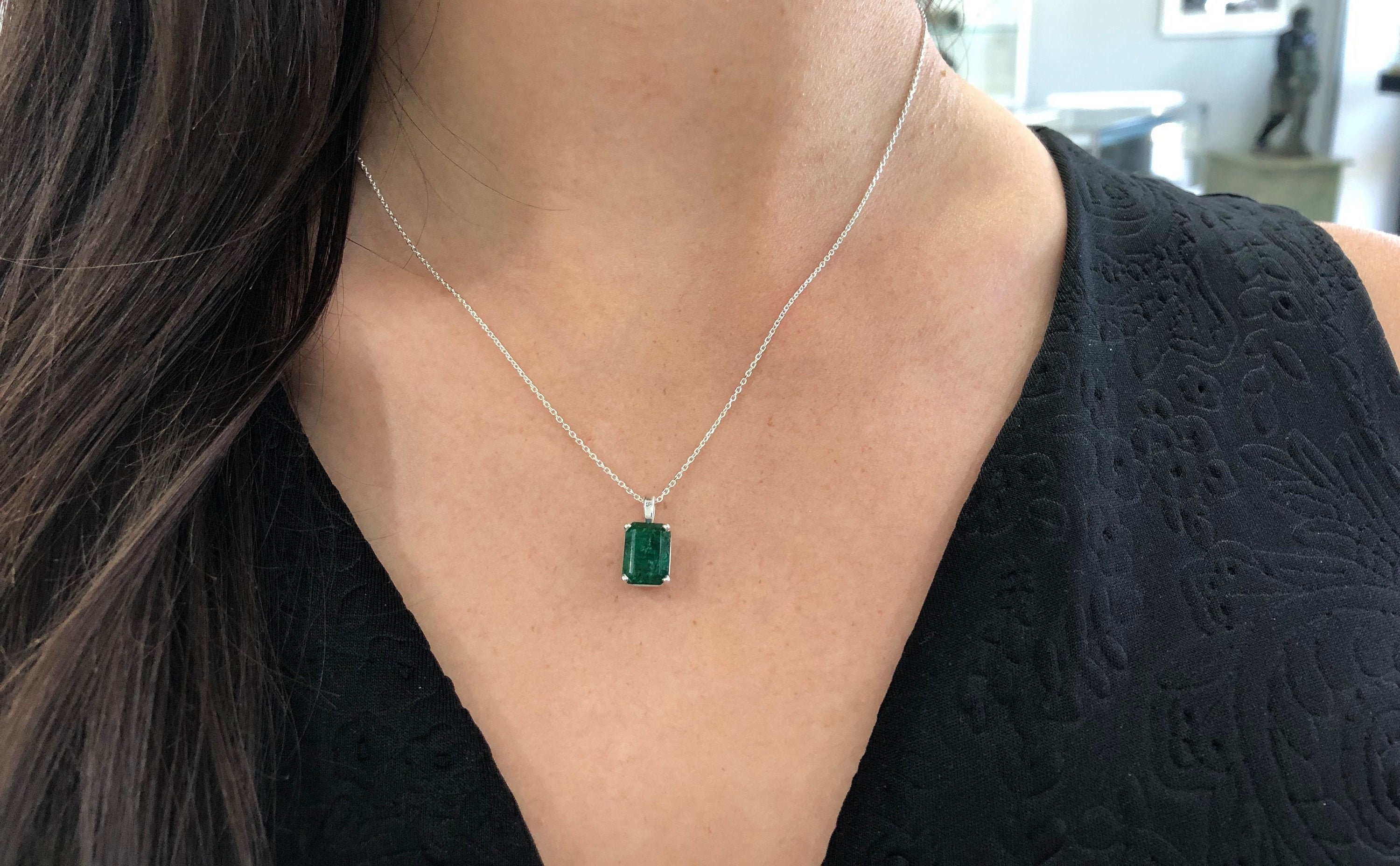 3.0cts Sterling Silver, Natural Emerald Necklace, Dark Green