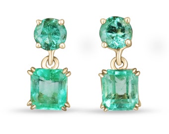 3.20tcw Emerald Dangle Earrings 14K, Emerald Stud Earrings, Emerald Cut Emerald Studs, Emerald Gold Earrings