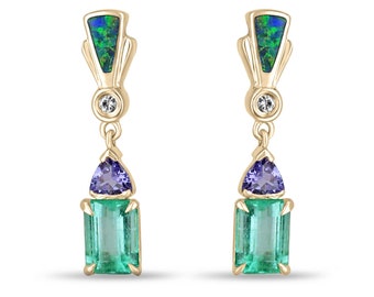 3.66tcw 14K Natural Emerald, Tanzanite, Diamond, & Opal Dangle Earrings, Spring Green Emerald Cut Colombian Emerald, Trillion Cut Tanzanite