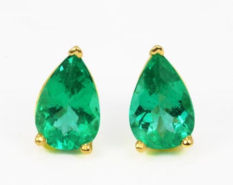 1.30tcw Emerald Earrings, 18K Pear Emerald Stud Earrings,Teardrop Emerald 18K Gold Studs,May Birthstone,Natural Emerald Studs