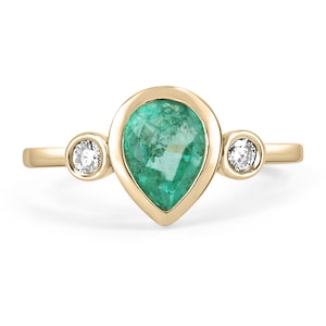 1.20tcw Pear Cut Natural Emerald & Diamond Modern Three Stone Anniversary Ring 14k, Bezel Pear Emerald Three Stone Gold Engagement Ring
