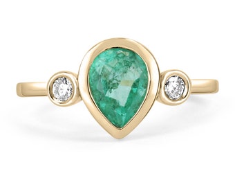 1.20tcw Pear Cut Natural Emerald & Diamond Modern Three Stone Anniversary Ring 14k, Bezel Pear Emerald Three Stone Gold Engagement Ring