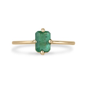 0.70ct 14K Natural Emerald Cut Emerald Solitaire Ring, Four Prong North to South Set Emerald Right Hand Ring, Gold 585 Petite Accent Emerald