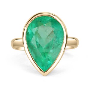 7.0ct Colombian Rich Green Emerald Bezel Engagement Solitaire Ring 18k, Large Bezel Pear Emerald Gold Ring, Emerald Solitaire Ring Gift
