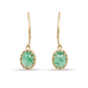 2.92tcw Oval Cabochon Muli Prong Wire Hook Earrings 14K, 14K Emerald Earrings, Bishop Hook Emerald Cabochon Earrings Yellow Gold 14K