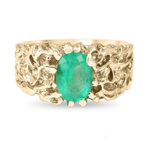 1.50 Carat Emerald Oval Cut Mens Ring, Ring, Mens Right Hand Emerald Ring, Nugget Emerald Ring, Solitaire Emerald Ring, Solid Gold 14K